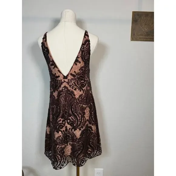 Women's Free People Maroon Sequined Spaghetti Strap V Neck Dress Size 8 - Picture 11 of 11